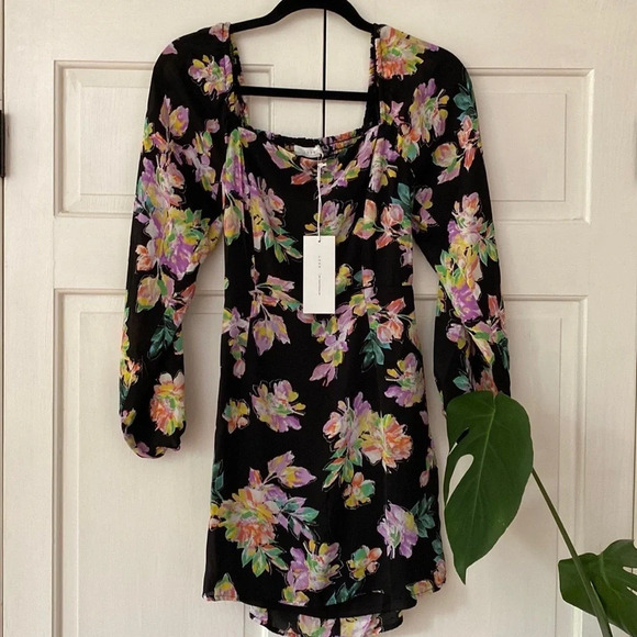 Lush NEW Square Neck Mini Dress Back Smocking Cutout Detail Dark Floral Print - Picture 11 of 16